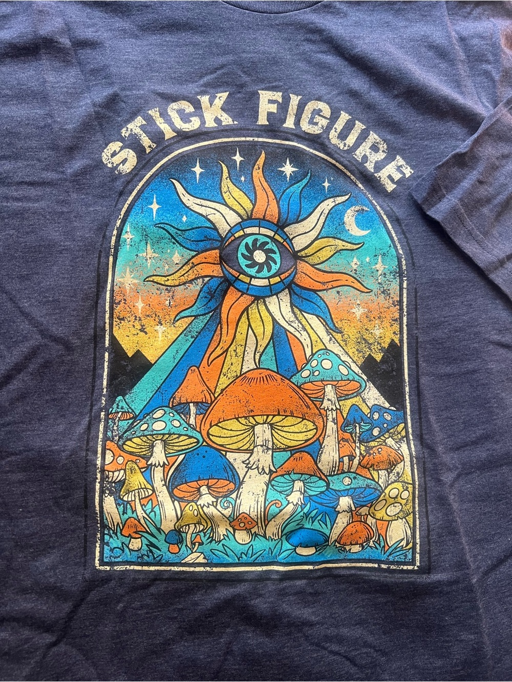 Stick Figure Psychedelic Mushroom Graphic Tee - Navy with Orange & Blue